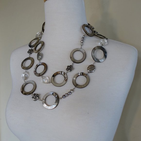 Long statement necklace--Abalone MOP, pearl, rock crystal - Picture 7 of 9